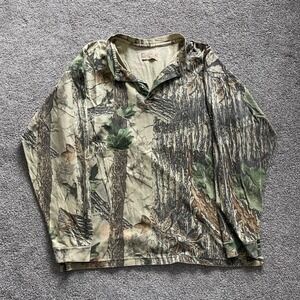 Real VTG 90s Mens Realtree Camo Long Sleeve Henley Polo Shirt XL Green Brown